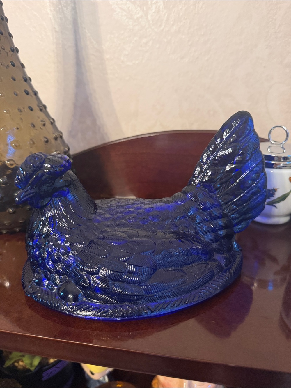 Cobalt Blue Glass Hen Figurine hen on nest top lid only